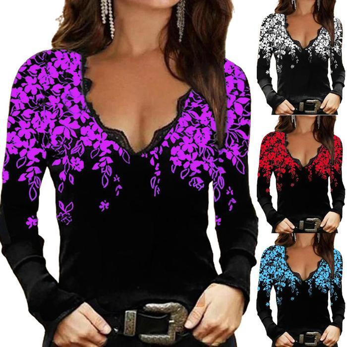 Женская повседневная футболка с цветочным принтом и v-образным вырезом с длинным рукавом, тонкий сексуальный топ, пуловер 
Женская повседневная футболка с цветочным принтом и v-образным вырезом с длинным рукавом, тонкий сексуальный топ, пуловер
