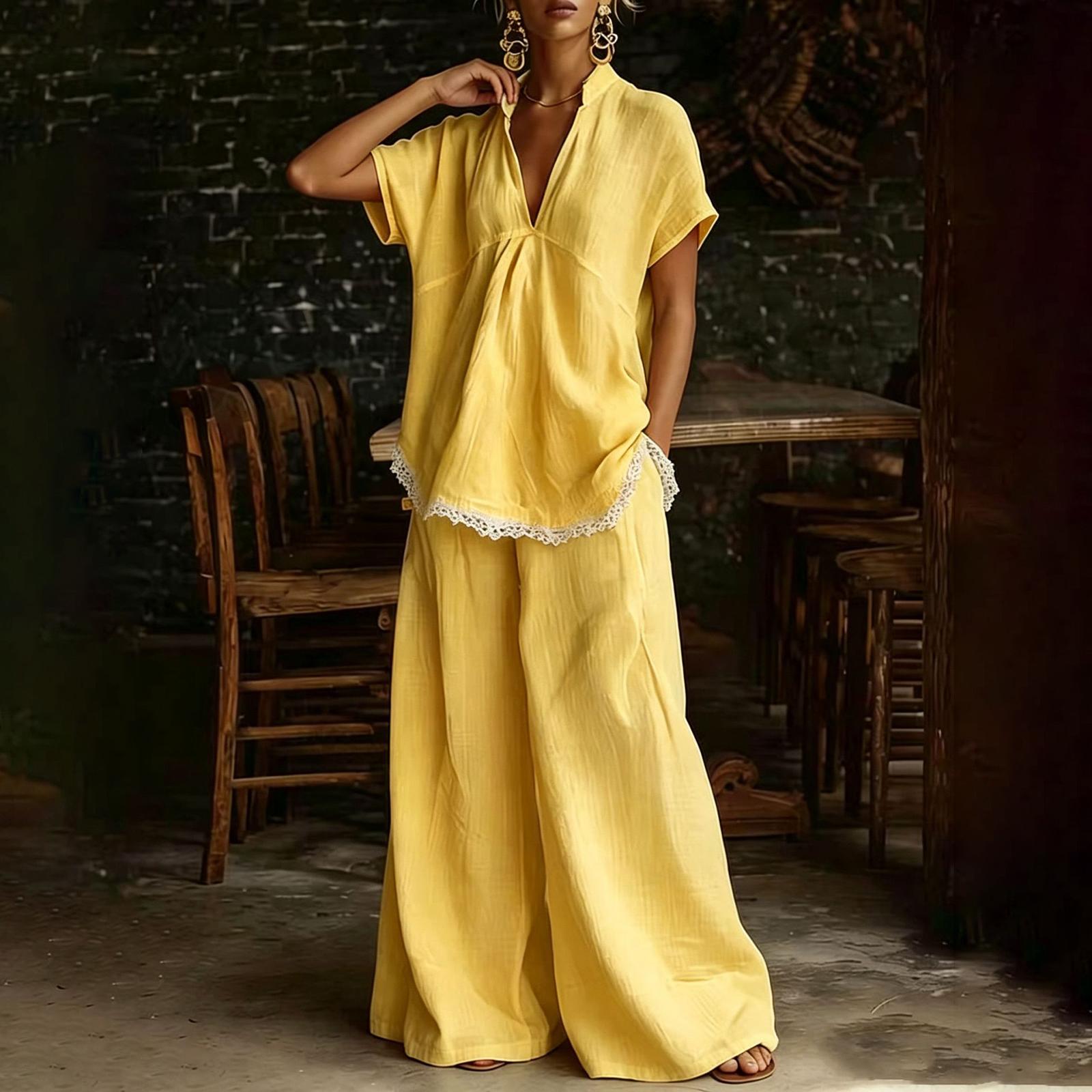 Women s Short-sleeved Shirt And Loose Pants Two-piece Set XL жовтий
Women s Short-sleeved Shirt And Loose Pants Two-piece Set XL жовтий