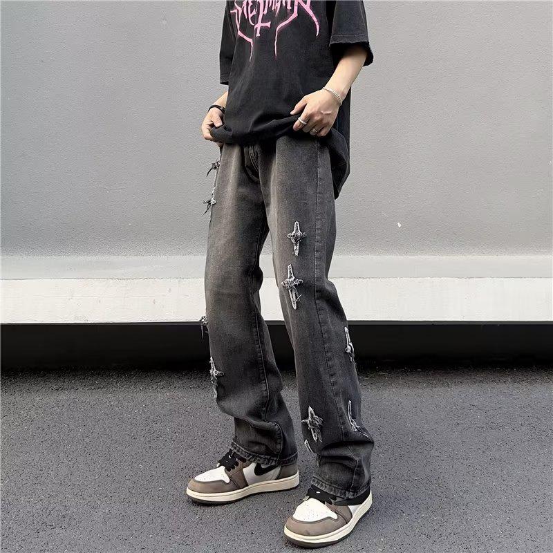 Men s Retro Star Embroidered Washed Denim Trousers L
Men s Retro Star Embroidered Washed Denim Trousers L