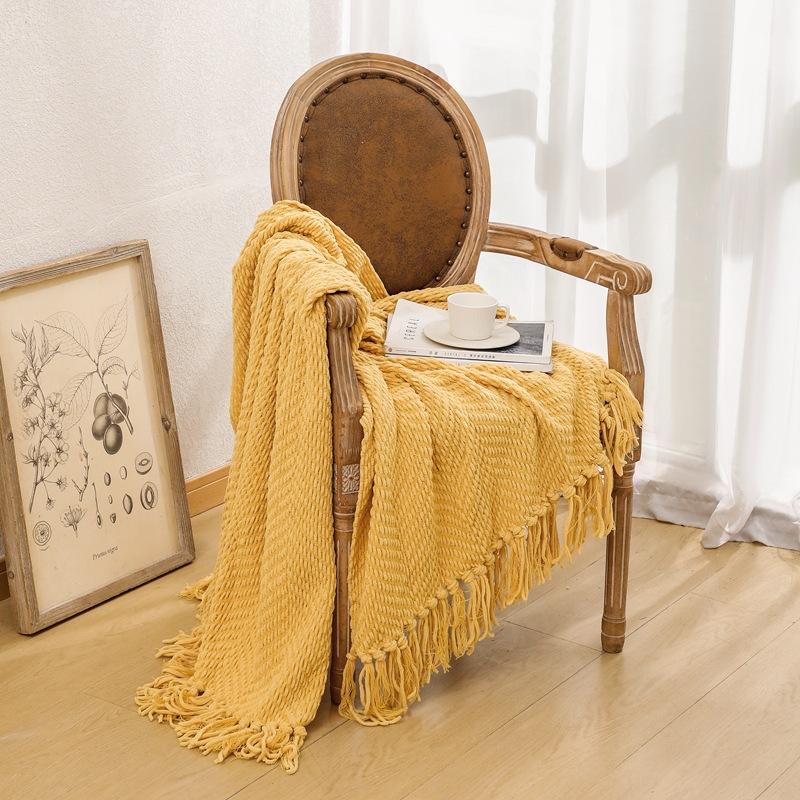 Одеяло с геометрическим узором карамельного цвета | Вязаные пледы для дома и улицы для дивана, кресла, кровати | Осенний декор 130 * 170Cm жёлтый
