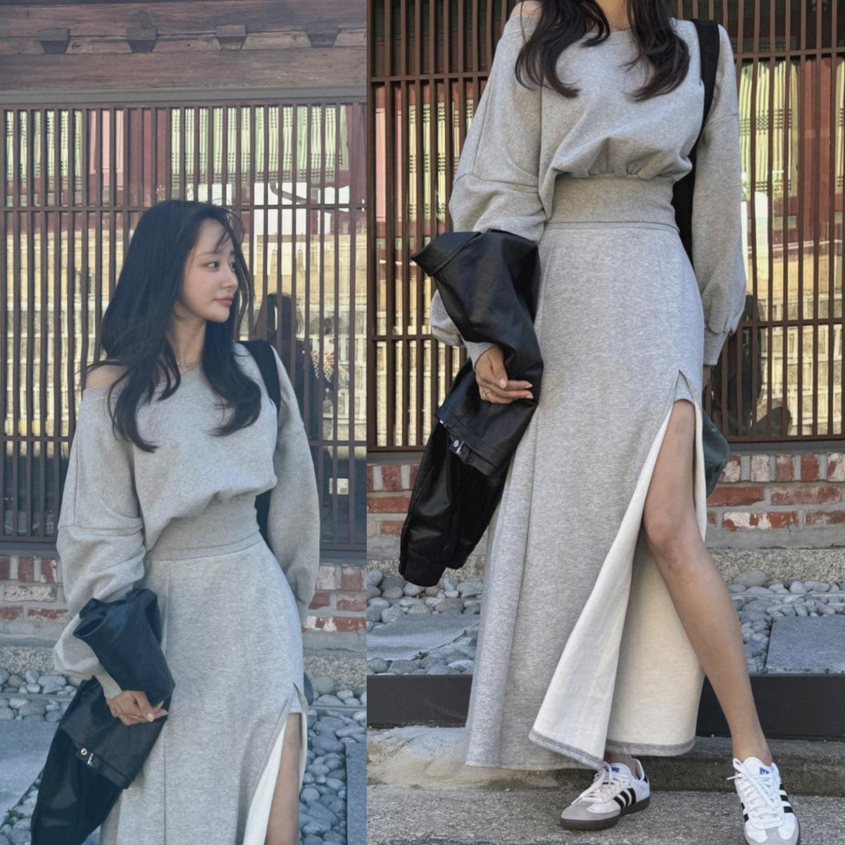 Korean Chic Off-the-Shoulder Cropped Hoodie & Side Slit Midi Skirt Set for Women Gray Top
Korean Chic Off-the-Shoulder Cropped Hoodie & Side Slit Midi Skirt Set for Women Gray Top