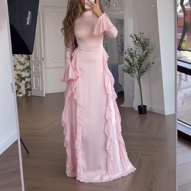 women s Satin High Neck Long Sleeve Flare Cuff Ruffle Trim High Waist Slim Fit Maxi Evening Dress 2XL рожевий
women s Satin High Neck Long Sleeve Flare Cuff Ruffle Trim High Waist Slim Fit Maxi Evening Dress 2XL рожевий