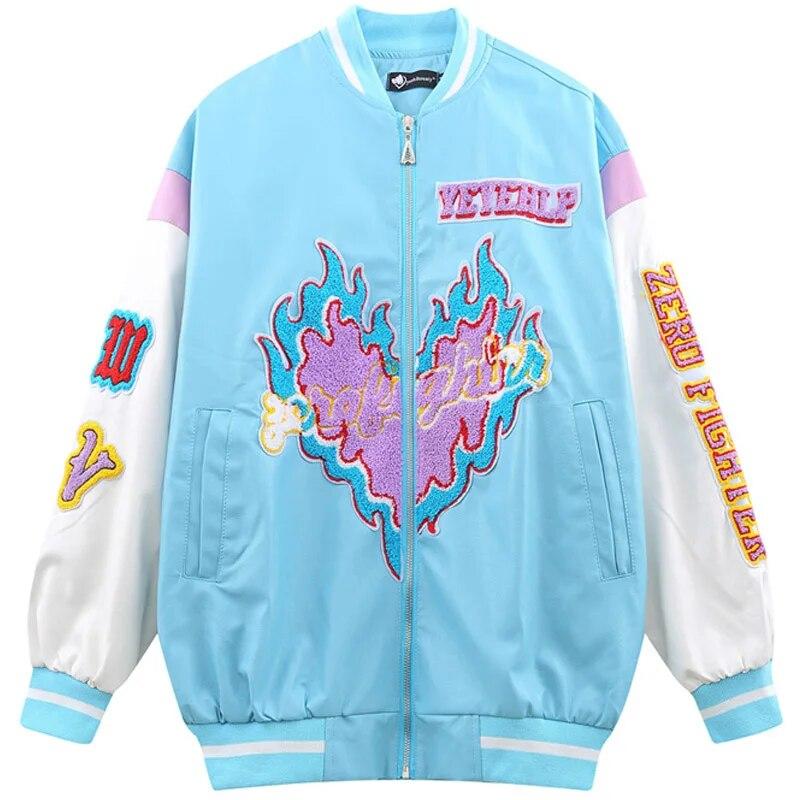 Couple Flame Love Embroidery Baseball Uniform Men Contrast Stitching PU Leather Jacket Preppy Zipper Fashion Leather Outwear
Couple Flame Love Embroidery Baseball Uniform Men Contrast Stitching PU Leather Jacket Preppy Zipper Fashion Leather Outwear