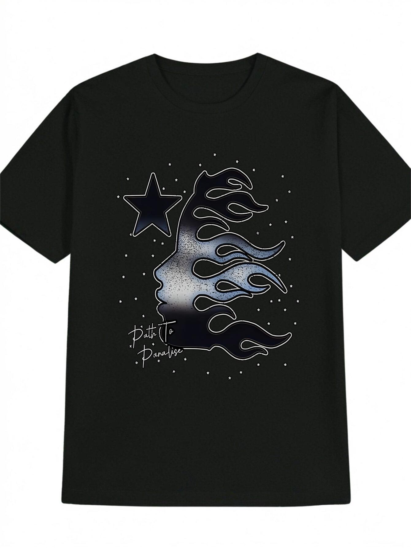 Casual Graphic T-shirt - Black with White Stars & Blue Flame Print M
Casual Graphic T-shirt - Black with White Stars & Blue Flame Print M