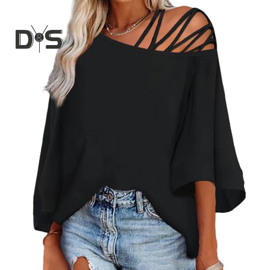 Women Top Hollow Out One Shoulder Oblique Neck Solid Color Letter Print Loose Three Quarter Sleeve Mid Length Soft Breathable Lady T shirt M чорний
Women Top Hollow Out One Shoulder Oblique Neck Solid Color Letter Print Loose Three Quarter Sleeve Mid Length Soft Breathable Lady T shirt M чорний