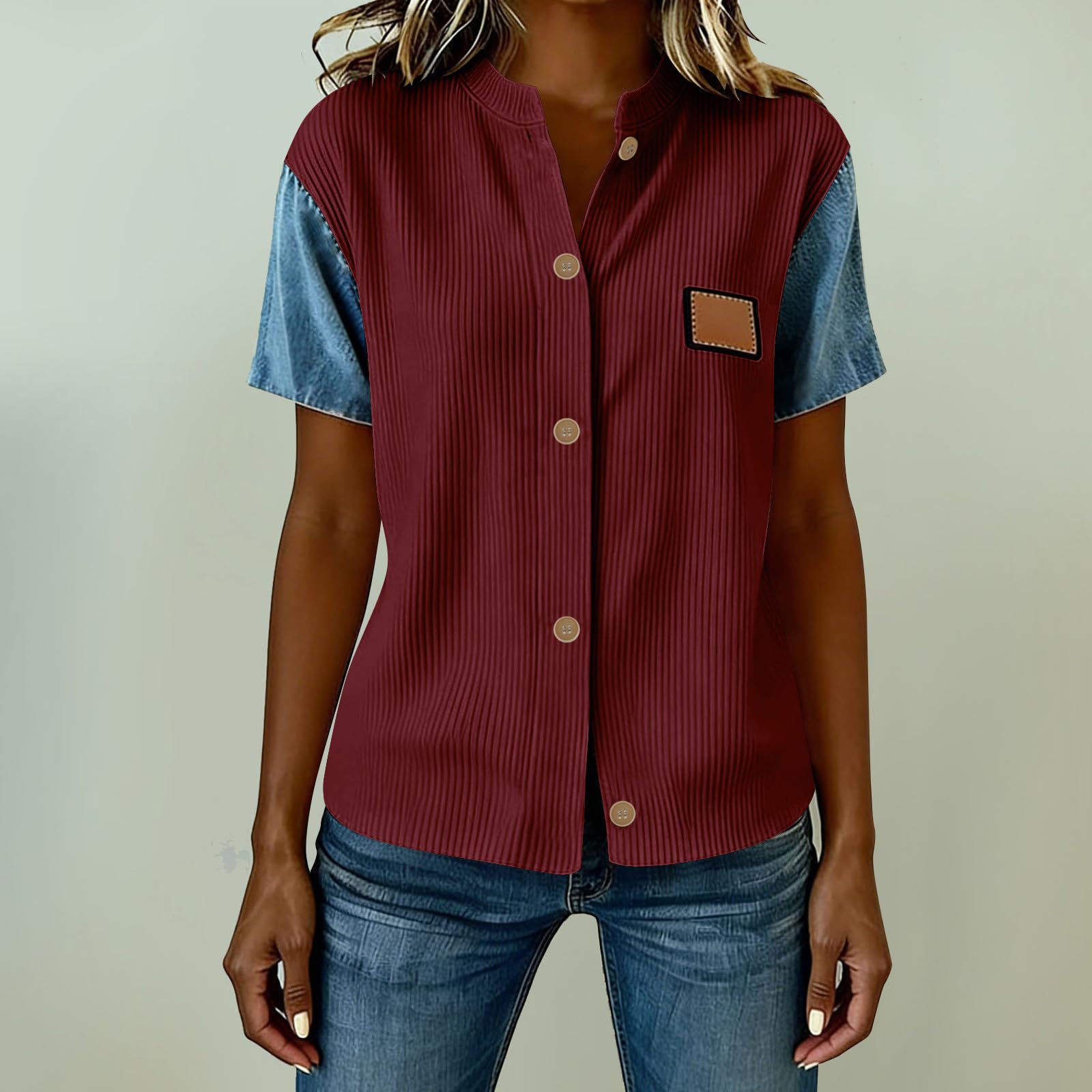 Women Patchwork Tops V Neck Button Down Shirts Casual Blouses Ribbed Loose Fit T-Shirt XL винний
Women Patchwork Tops V Neck Button Down Shirts Casual Blouses Ribbed Loose Fit T-Shirt XL винний