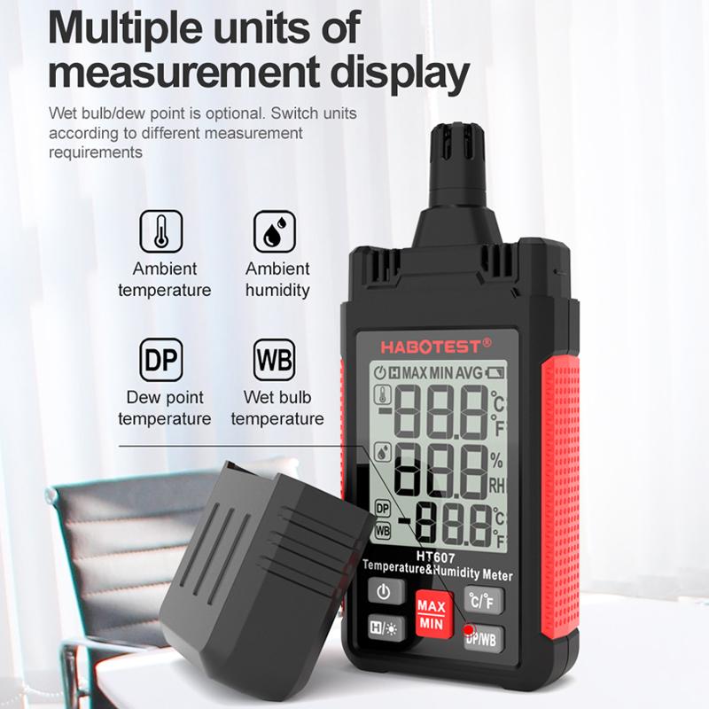 HT607 Digital Temperature Humidity Meter High Precision LCD Digital Hygrometer with Ambient Dew Point Hygrometer Gauge Sensor
HT607 Digital Temperature Humidity Meter High Precision LCD Digital Hygrometer with Ambient Dew Point Hygrometer Gauge Sensor