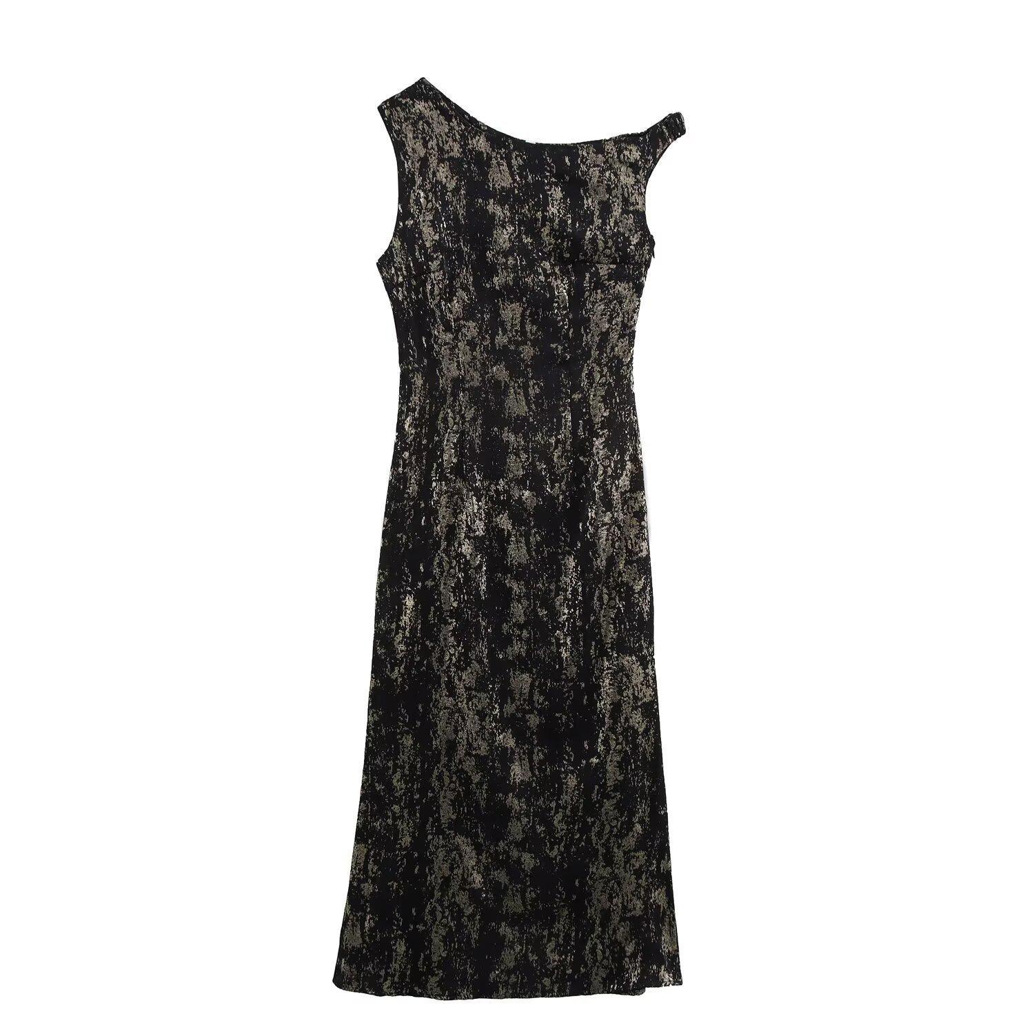 Женская мода весна 2025: Платье на одно плечо без рукавов в европейском и американском стиле с присборенной талией и горячим тиснением. Extra Small