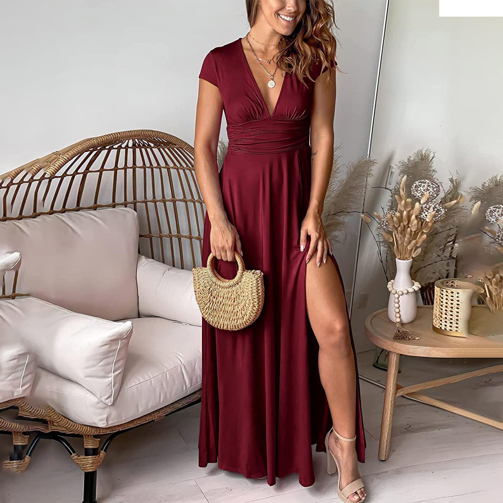 Женское однотонное платье с глубоким v-образным вырезом и короткими рукавами, плиссированное платье с высокой талией и разрезом XXL винный
Женское однотонное платье с глубоким v-образным вырезом и короткими рукавами, плиссированное платье с высокой талией и разрезом XXL винный