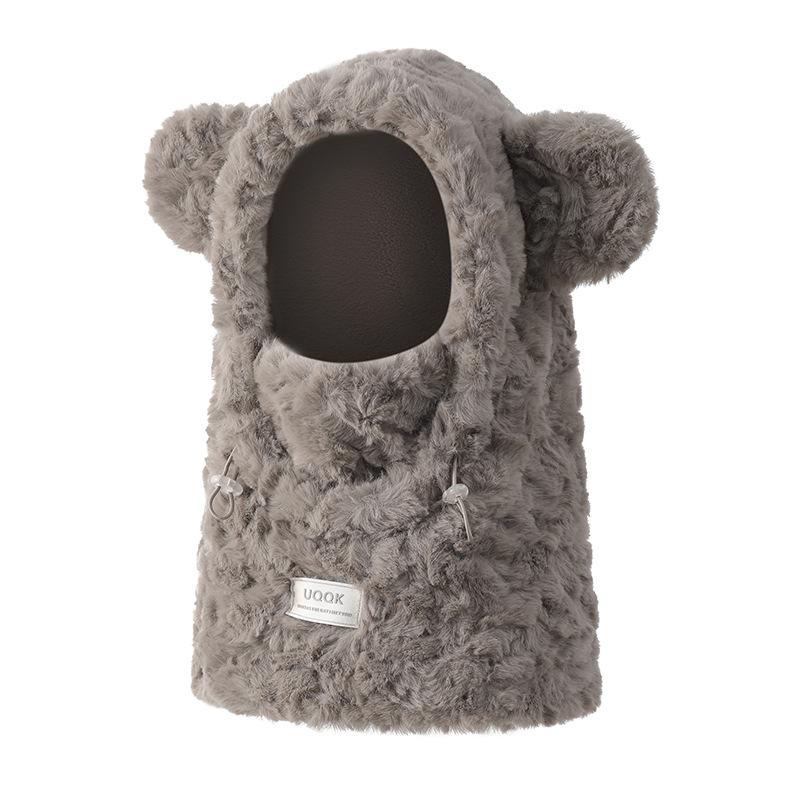 Милая маска-медведь, интегрированная шапка, женская зимняя велосипедная теплая зимняя шапка с защитой ушей, шарф, зимний плюшевый шарф серый