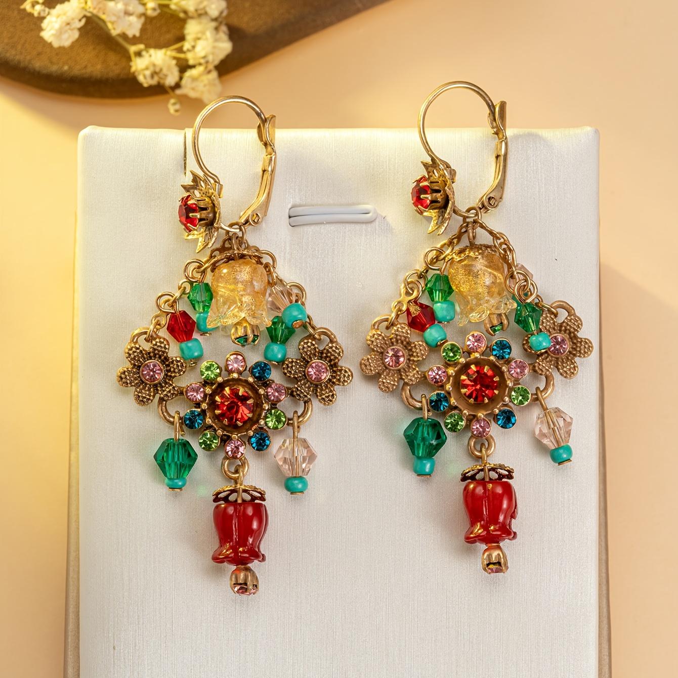 Vintage Bohemian Floral Drop Earrings - Golden-Tone Metal with Multicolor Faux Gemstones, Red & Green Accents, Intricate Design for Daily Wear, Partie
Vintage Bohemian Floral Drop Earrings - Golden-Tone Metal with Multicolor Faux Gemstones, Red & Green Accents, Intricate Design for Daily Wear, Partie