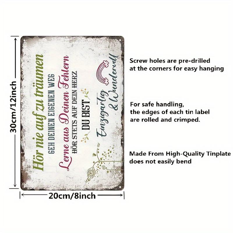 1 шт. Металева жерстяна табличка Настінне мистецтво – Надихаюча німецька цитата Декор – Унікальна та Чудова, Без пір я, Міцний Залізний Живопис для Дому 20x30cm(7.8x11.8inch)
1 шт. Металева жерстяна табличка Настінне мистецтво – Надихаюча німецька цитата Декор – Унікальна та Чудова, Без пір я, Міцний Залізний Живопис для Дому 20x30cm(7.8x11.8inch)