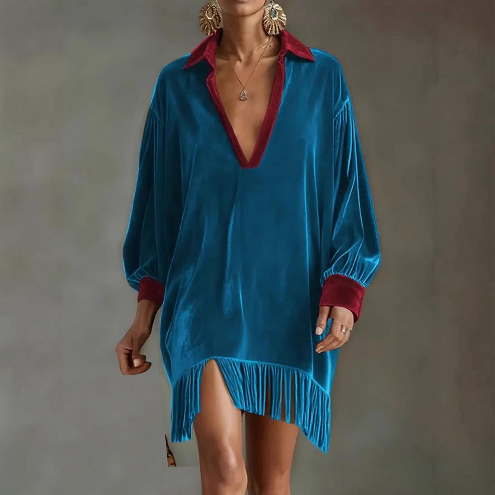 Women s Fashionable Color Blocked V-neck Long Sleeved Retro Loose Pocket Tassel Dress S синий
Women s Fashionable Color Blocked V-neck Long Sleeved Retro Loose Pocket Tassel Dress S синий