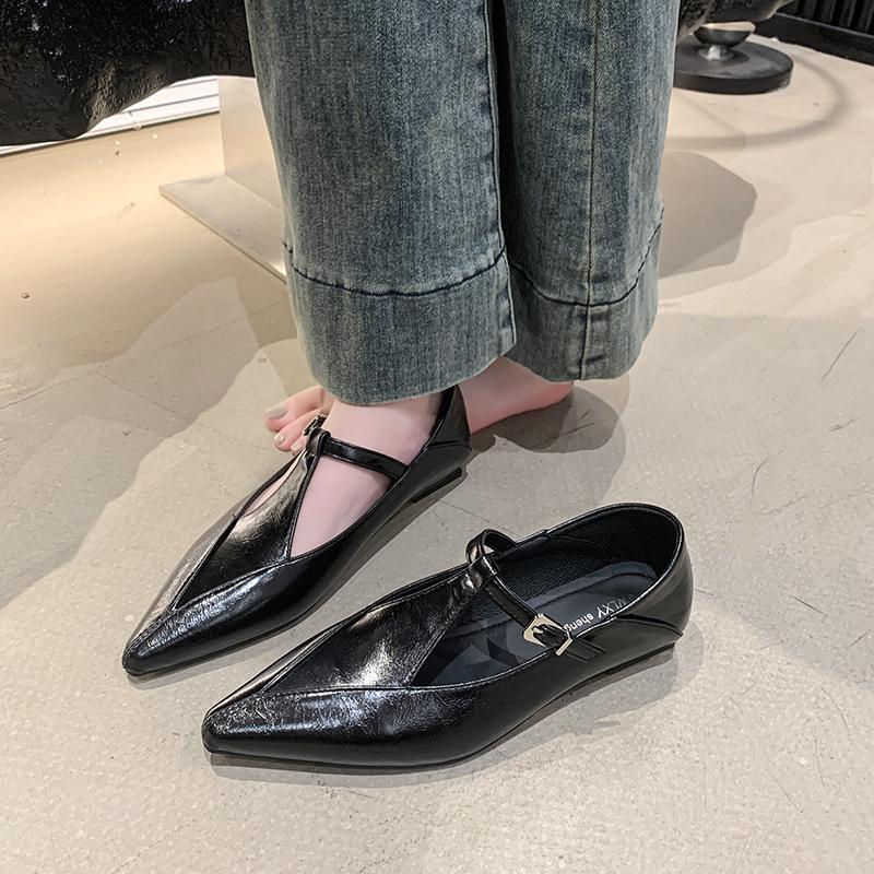 2025 Весна Осень Т-образный ремешок кожаные балетки женские острый носок ретро вырез джейны швейные балетки женские лолита большой размер 34 чёрный