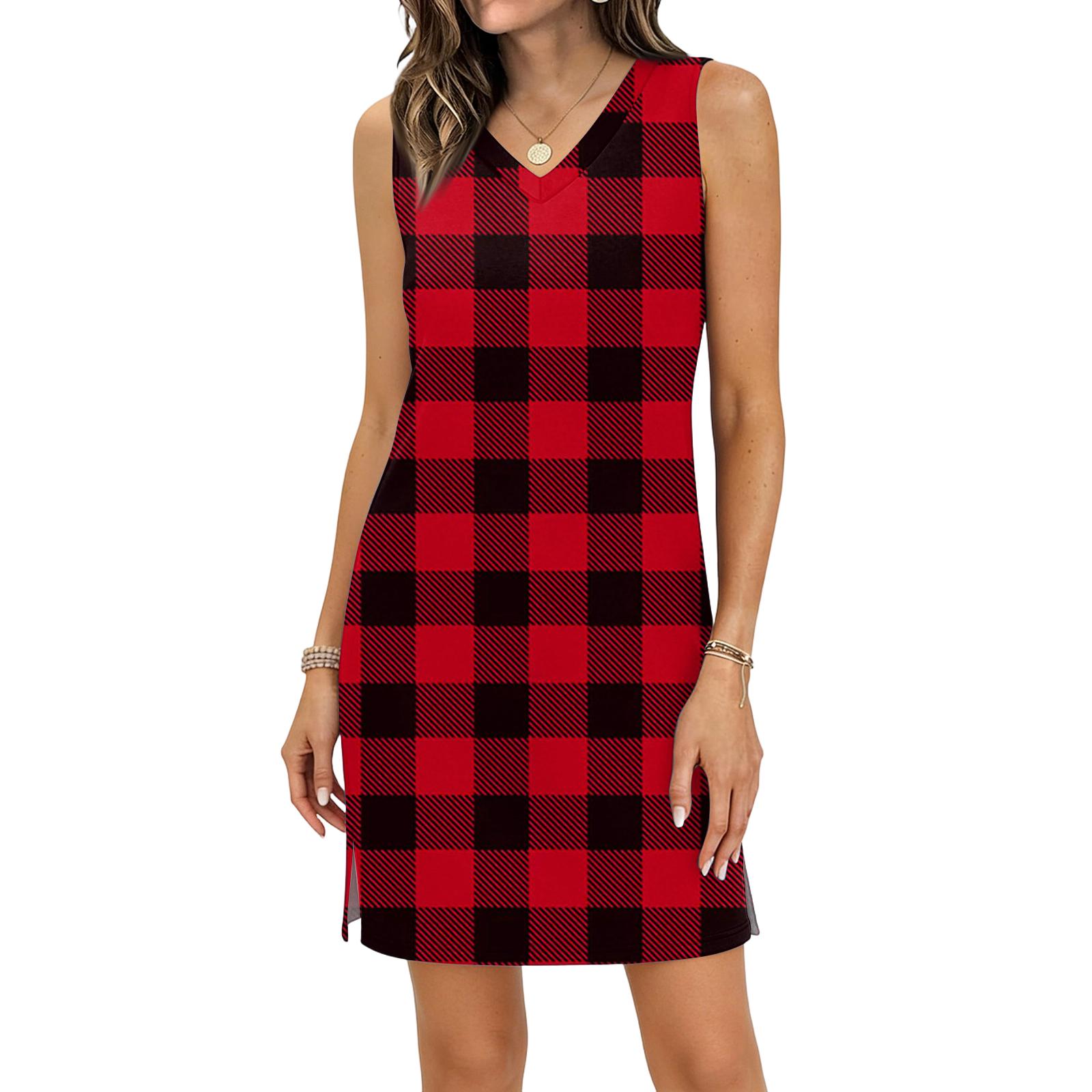 Sleeveless V Neck Plaid Dress with Side Slit Casual Loose Fit Knee Length Dress for Women Summer Beach Wear XL червоний
Sleeveless V Neck Plaid Dress with Side Slit Casual Loose Fit Knee Length Dress for Women Summer Beach Wear XL червоний