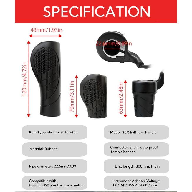 Half Twist Throttle Hand Grips 3 Pin, Waterproof Electric Mountain Bike Handlebar Grips for Twist Throttle Conversion Kit On The Right-Hand Side for
Half Twist Throttle Hand Grips 3 Pin, Waterproof Electric Mountain Bike Handlebar Grips for Twist Throttle Conversion Kit On The Right-Hand Side for