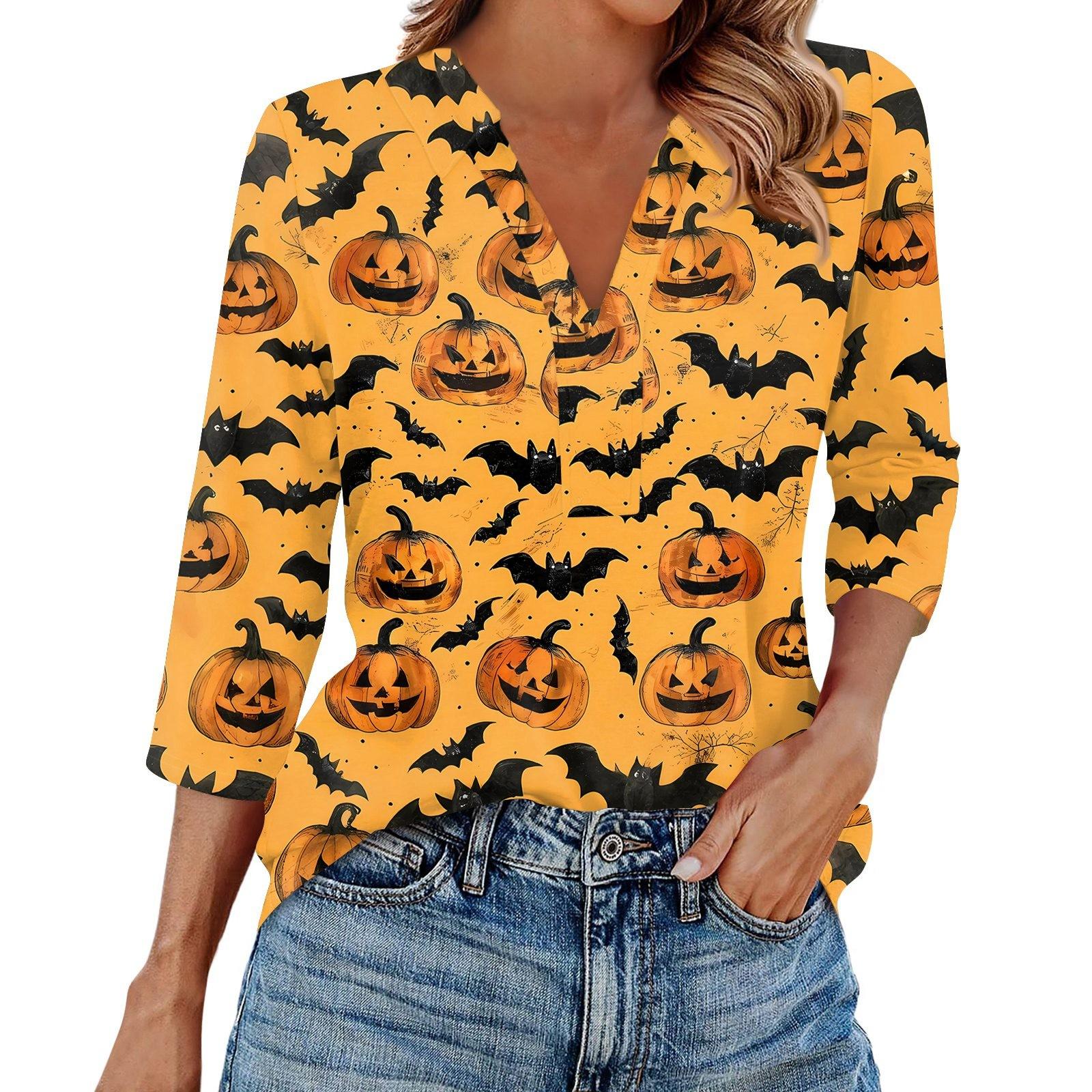 Women s Fashion Casual Lapel 3/4 Sleeve Halloween Print Shirt Women s V-Neck Tops L
Women s Fashion Casual Lapel 3/4 Sleeve Halloween Print Shirt Women s V-Neck Tops L