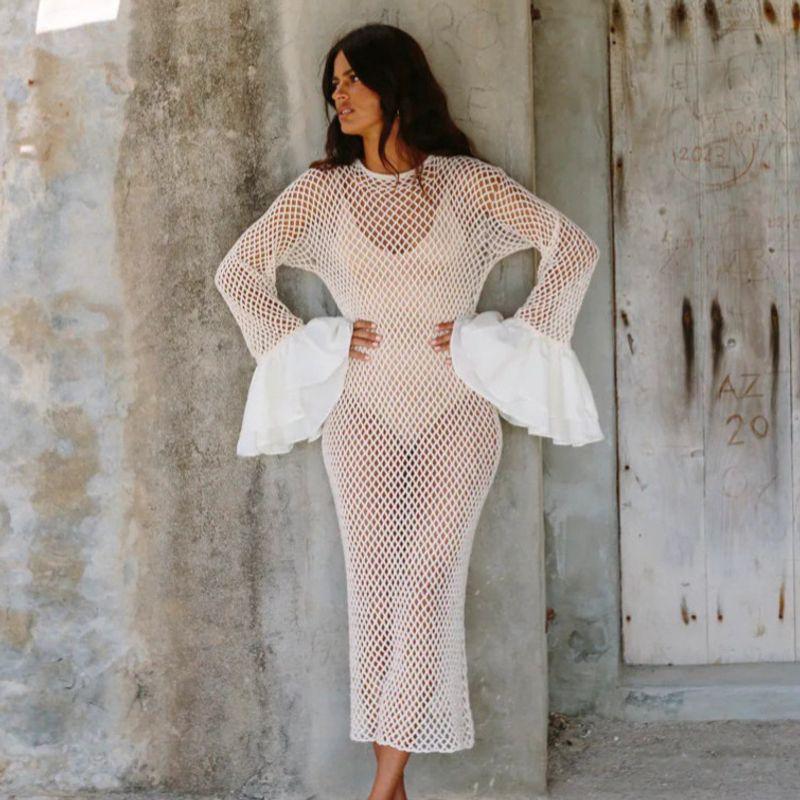 European and American Seaside Vacation Hollow Cover up Lotus Leaf Sleeve Patchwork Vacation Long dress Long sleeve Slim fit Sexy dresses for women Beige White S
European and American Seaside Vacation Hollow Cover up Lotus Leaf Sleeve Patchwork Vacation Long dress Long sleeve Slim fit Sexy dresses for women Beige White S