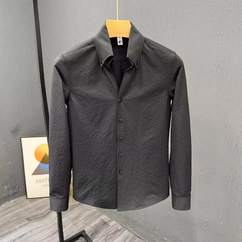 Весна Осень Новая Мода Отложной Воротник Длинный Рукав Однотонная Блузка Мужская Одежда Повседневная Свободная Корейская Универсальная Рубашка на Пуговицах 4XL чёрный
