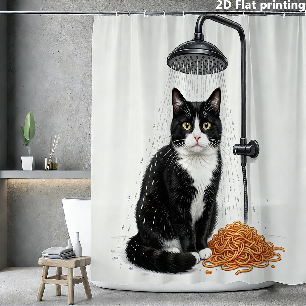 Black & White Cat Shower Curtain 1Pc Polyester 2D Flat Print 70.8X70.8 Realistic Kitten Under Shower With Noodles On White Base W60H190(CM)-1 Pcs
Black & White Cat Shower Curtain 1Pc Polyester 2D Flat Print 70.8X70.8 Realistic Kitten Under Shower With Noodles On White Base W60H190(CM)-1 Pcs