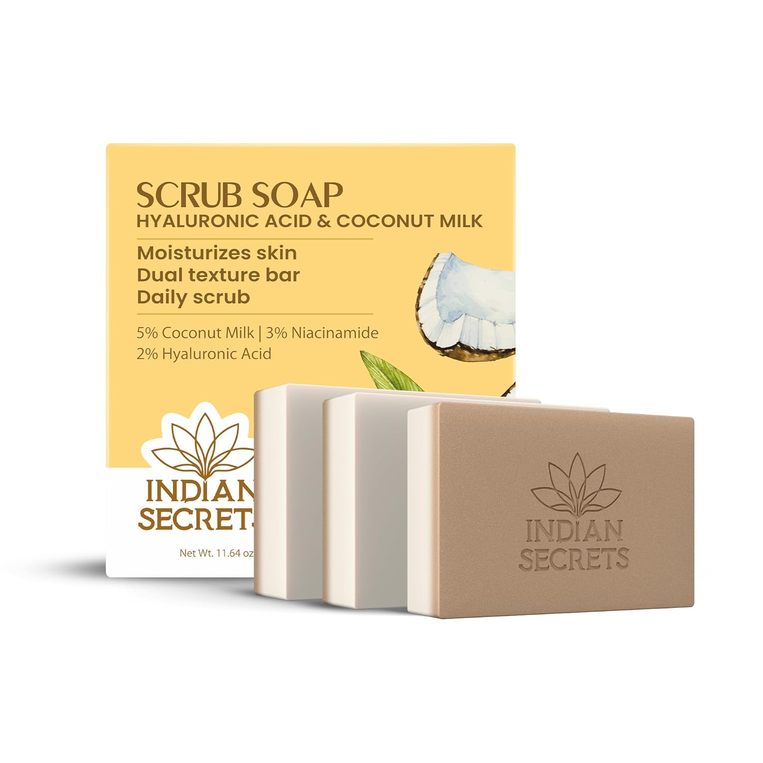 Scrub Soap with Hyaluronic Acid & Coconut Milk – Moisturizing Body Soap for Soft Skin Coconut Milk - 110g/3.88Oz each (Pack of 3) PACK OF 3
Scrub Soap with Hyaluronic Acid & Coconut Milk – Moisturizing Body Soap for Soft Skin Coconut Milk - 110g/3.88Oz each (Pack of 3) PACK OF 3