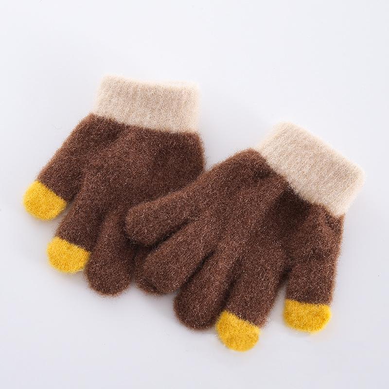 Детские вязаные перчатки Зимние Детские Ученические Однотонные Пушистые Варежки с полными пальцами Осенние Для письма Утеплитель для рук Детские Перчатки для рук кофейный