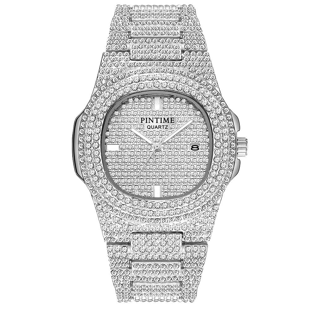 PINTIME Роскошные мужские часы Iced Out Diamond Case Водонепроницаемые застежка из нержавеющей стали Модные кварцевые наручные часы Календарь серебряный