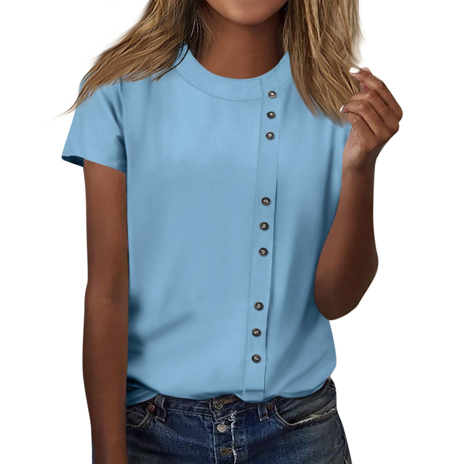 Женская модная повседневная футболка с круглым вырезом и декоративными пуговицами, однотонная футболка с короткими рукавами, топ XL синий
Женская модная повседневная футболка с круглым вырезом и декоративными пуговицами, однотонная футболка с короткими рукавами, топ XL синий