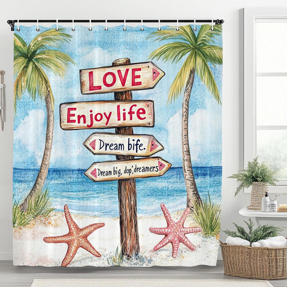Cartoon Ocean Signage Coconut Tree Beach Scenery Shower Curtain, Bathroom Decorative Shower Curtain, Home Curtain With Hooks W60H190(CM)-1 Pcs
Cartoon Ocean Signage Coconut Tree Beach Scenery Shower Curtain, Bathroom Decorative Shower Curtain, Home Curtain With Hooks W60H190(CM)-1 Pcs