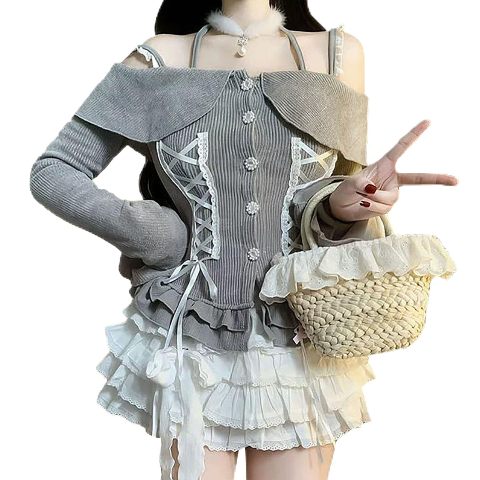 LAVASEON Cute Blouse for Sexy Ribbon Korean Tight Ruffled Long Princess Style Off-the-Shoulder Women, Top, Style, Knit, Fit, Button-Up,
LAVASEON Cute Blouse for Sexy Ribbon Korean Tight Ruffled Long Princess Style Off-the-Shoulder Women, Top, Style, Knit, Fit, Button-Up,