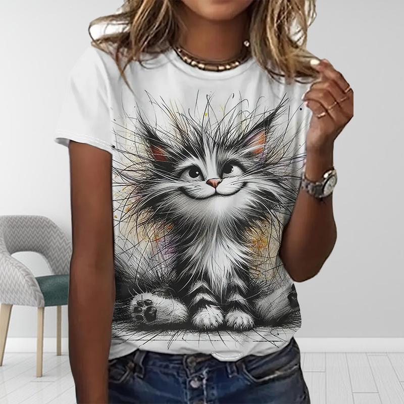 Женская летняя футболка с принтом милых маленьких животных, футболки с коротким рукавом, повседневные топы с принтом 8XL чёрный