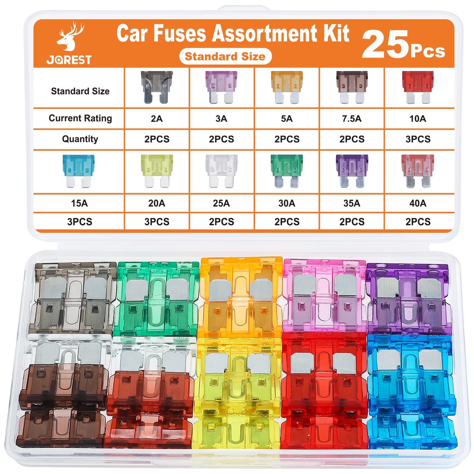 JOREST 25pcs Car Fuse for 3A 5A 10A 15A 20A 25A 30A 35A Standard Flat Fuse Colorful Car/Truck/Motorcycle (2A 7.5A 40A),
JOREST 25pcs Car Fuse for 3A 5A 10A 15A 20A 25A 30A 35A Standard Flat Fuse Colorful Car/Truck/Motorcycle (2A 7.5A 40A),