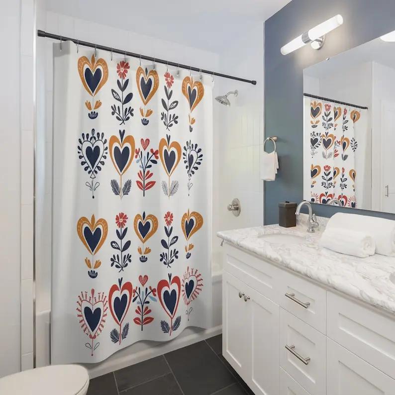 Scandinavian Floral Heart Shower Curtain - Nordic Folk Art, Danish Blue Heart Design, Bathroom Decor, Perfect Gift For Her W60H190(CM)-1 Pcs
Scandinavian Floral Heart Shower Curtain - Nordic Folk Art, Danish Blue Heart Design, Bathroom Decor, Perfect Gift For Her W60H190(CM)-1 Pcs