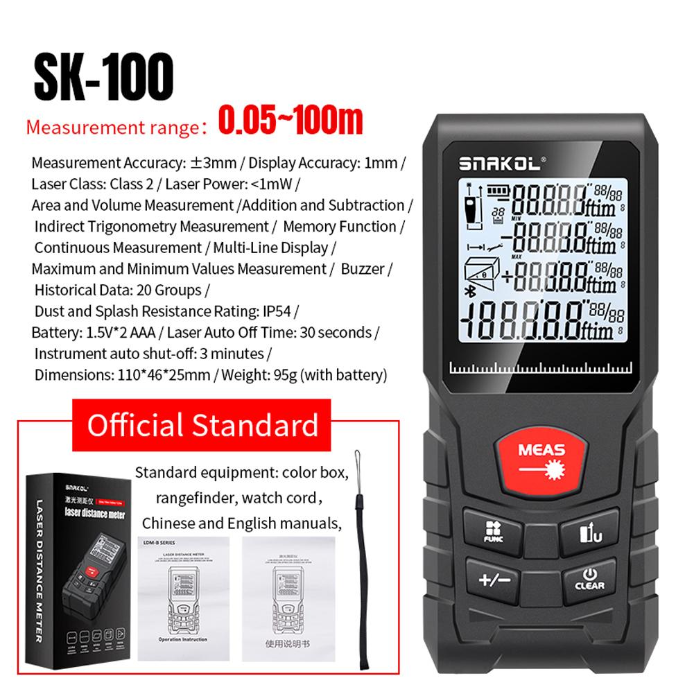 Intelligent Laser Rangefinder Digital Laser Distance Meter with Single Continuous Volumes Area Pythagoras IP54 Measurement Modes SK-100
Intelligent Laser Rangefinder Digital Laser Distance Meter with Single Continuous Volumes Area Pythagoras IP54 Measurement Modes SK-100