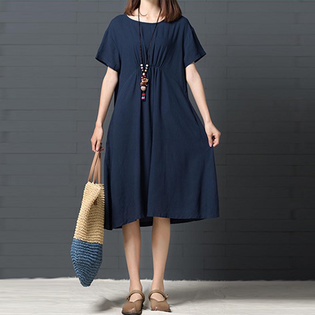 Женское однотонное хлопковое и льняное свободное платье с коротким рукавом
Женское однотонное хлопковое и льняное свободное платье с коротким рукавом