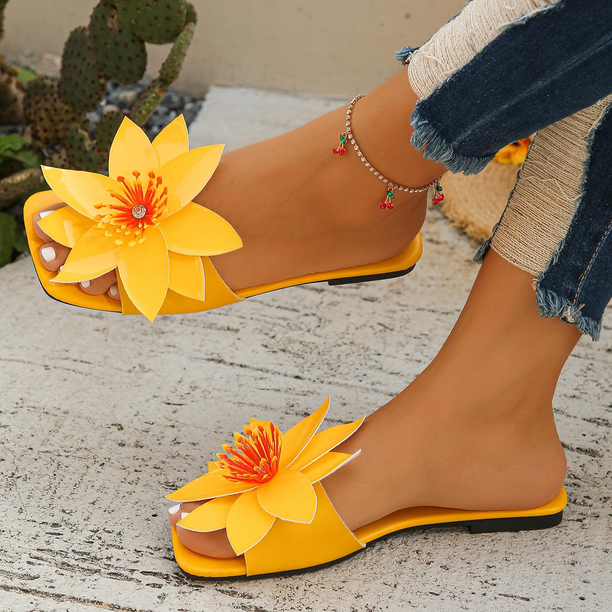 Мода Большой Размер Сандалии Женские 2024 Лето Повседневные Универсальные Комфорт Цветы Плоские Шлепанцы Дамские Уличные Нескользящие Пляжные Туфли 43 жёлтый