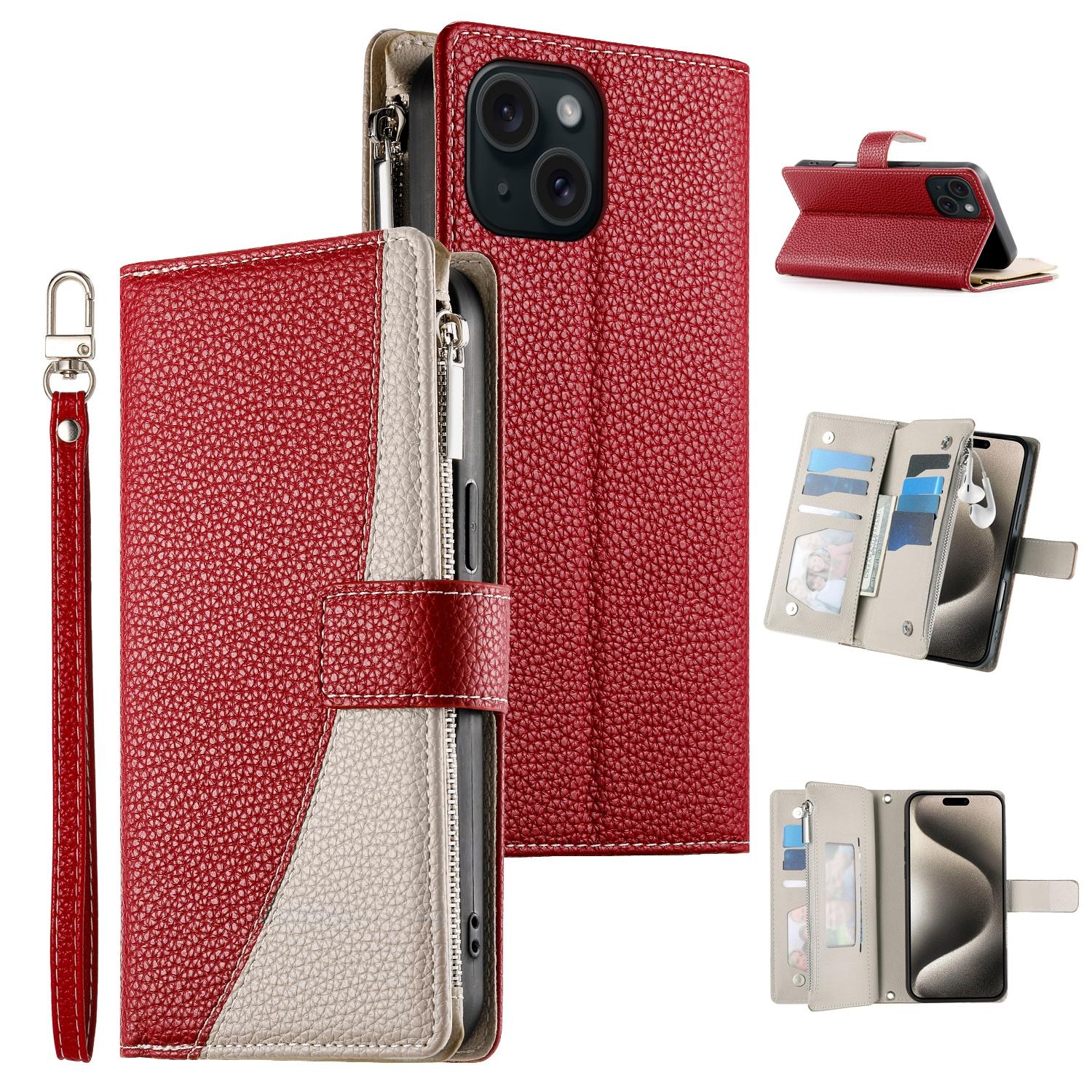 For iPhone 15 Case Zipper Pocket Wallet Color Splicing Leather Flip Phone Cover with Straps Red
For iPhone 15 Case Zipper Pocket Wallet Color Splicing Leather Flip Phone Cover with Straps Red