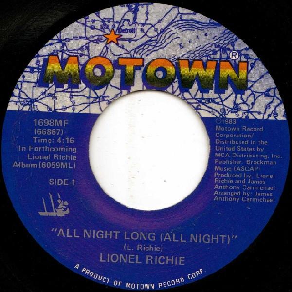 7inch Record LIONEL RICHIE - All Night Long (All Night) 1698MF MOTOWN 1983 US Soul/Funk Used
7inch Record LIONEL RICHIE - All Night Long (All Night) 1698MF MOTOWN 1983 US Soul/Funk Used