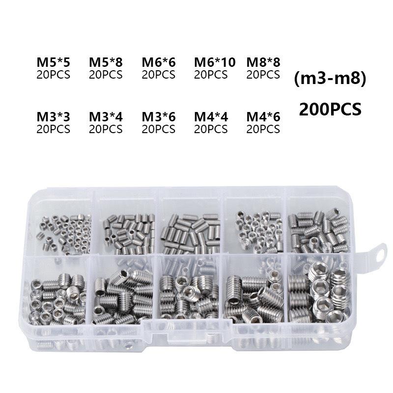 200pcs Stainless Steel Hex Socket Screw Set M3/M4/M5/M6/M8 Grub Screws Fasteners for Door Handles Light Fixture Repair and More
200pcs Stainless Steel Hex Socket Screw Set M3/M4/M5/M6/M8 Grub Screws Fasteners for Door Handles Light Fixture Repair and More