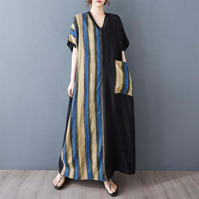 Real Shot Summer Thin Cotton and Linen Printing Thin V-neck Short Sleeve Contrasting Color Splicing Black Long Dress Length Large size average size
Real Shot Summer Thin Cotton and Linen Printing Thin V-neck Short Sleeve Contrasting Color Splicing Black Long Dress Length Large size average size