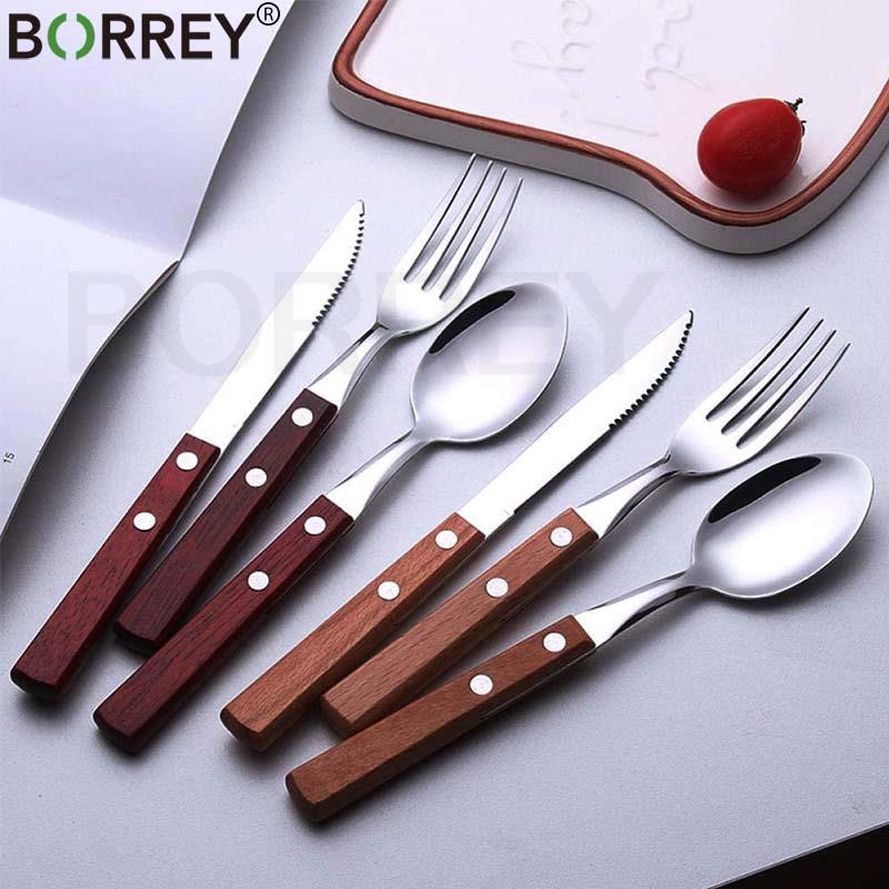 BORREY 24 шт., металлический набор столовых приборов, посуда из нержавеющей стали, серебряная вилка, нож, ложка с деревянной ручкой, столовые приборы для ресторана, отеля, стейка
BORREY 24 шт., металлический набор столовых приборов, посуда из нержавеющей стали, серебряная вилка, нож, ложка с деревянной ручкой, столовые приборы для ресторана, отеля, стейка
