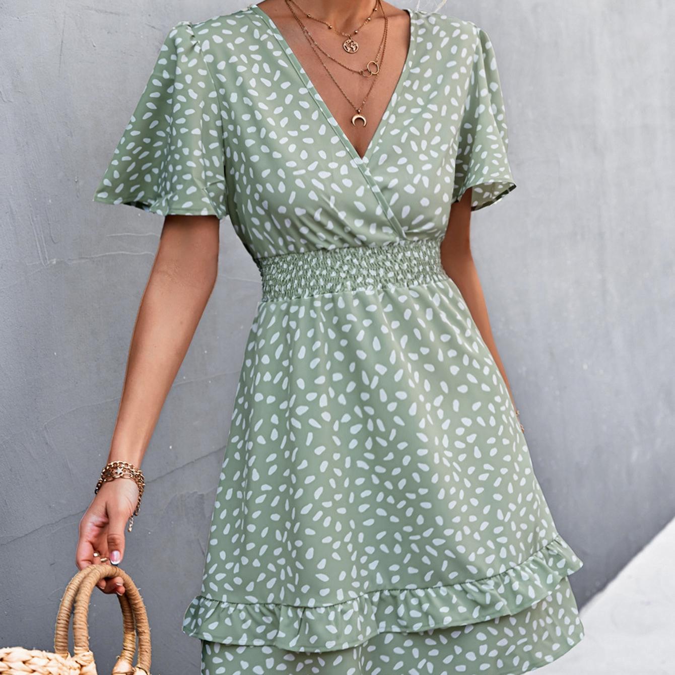 QICED Весна Лето Цветочный Принт Короткий Рукав Сексуальное V-образное Декольте Рукав Лотос Платье с Запахом на Талии XL зелёный