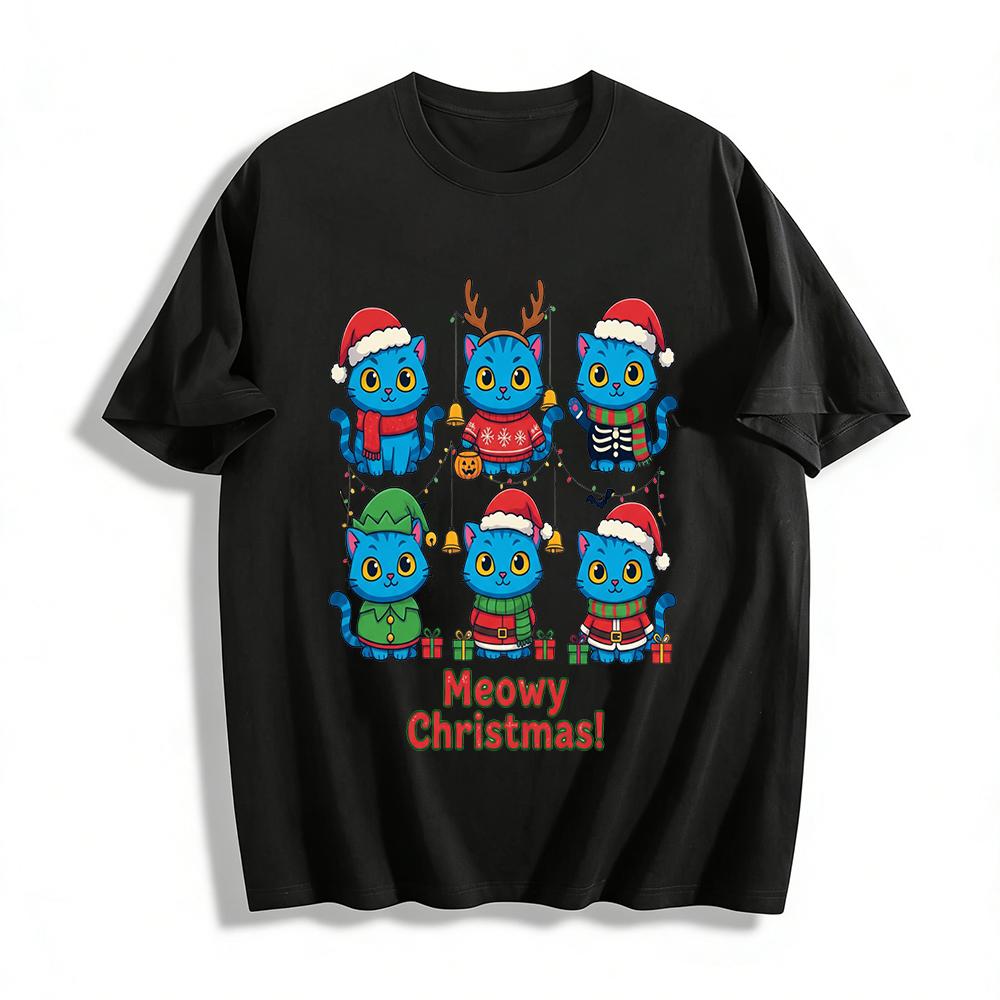 Meowy Christmas Blue Cat Print Tshirt, Festive Holiday Pet Pattern Casual Top For Adults And Kids Pure cotton T-shirt XXS
Meowy Christmas Blue Cat Print Tshirt, Festive Holiday Pet Pattern Casual Top For Adults And Kids Pure cotton T-shirt XXS