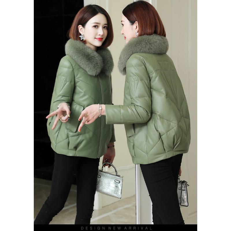 Куртка из натуральной кожи для женщин. Пуховик из натуральной кожи для женщин. Короткое тонкое пальто в корейском стиле с воротником из овчины и меха лисы для женщин. 2XL