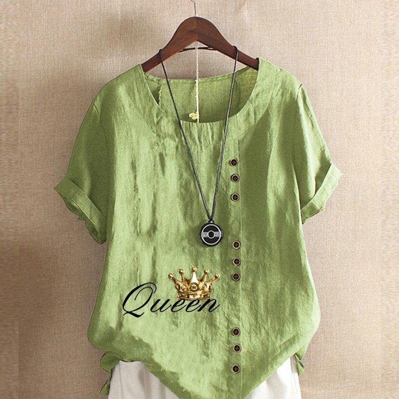 Женская мода с круглым вырезом и коротким рукавом, повседневная хлопковая льняная рубашка с рисунком, свободная летняя блузка с милым принтом в виде короны, топы больших размеров 5XL зелёный
Женская мода с круглым вырезом и коротким рукавом, повседневная хлопковая льняная рубашка с рисунком, свободная летняя блузка с милым принтом в виде короны, топы больших размеров 5XL зелёный