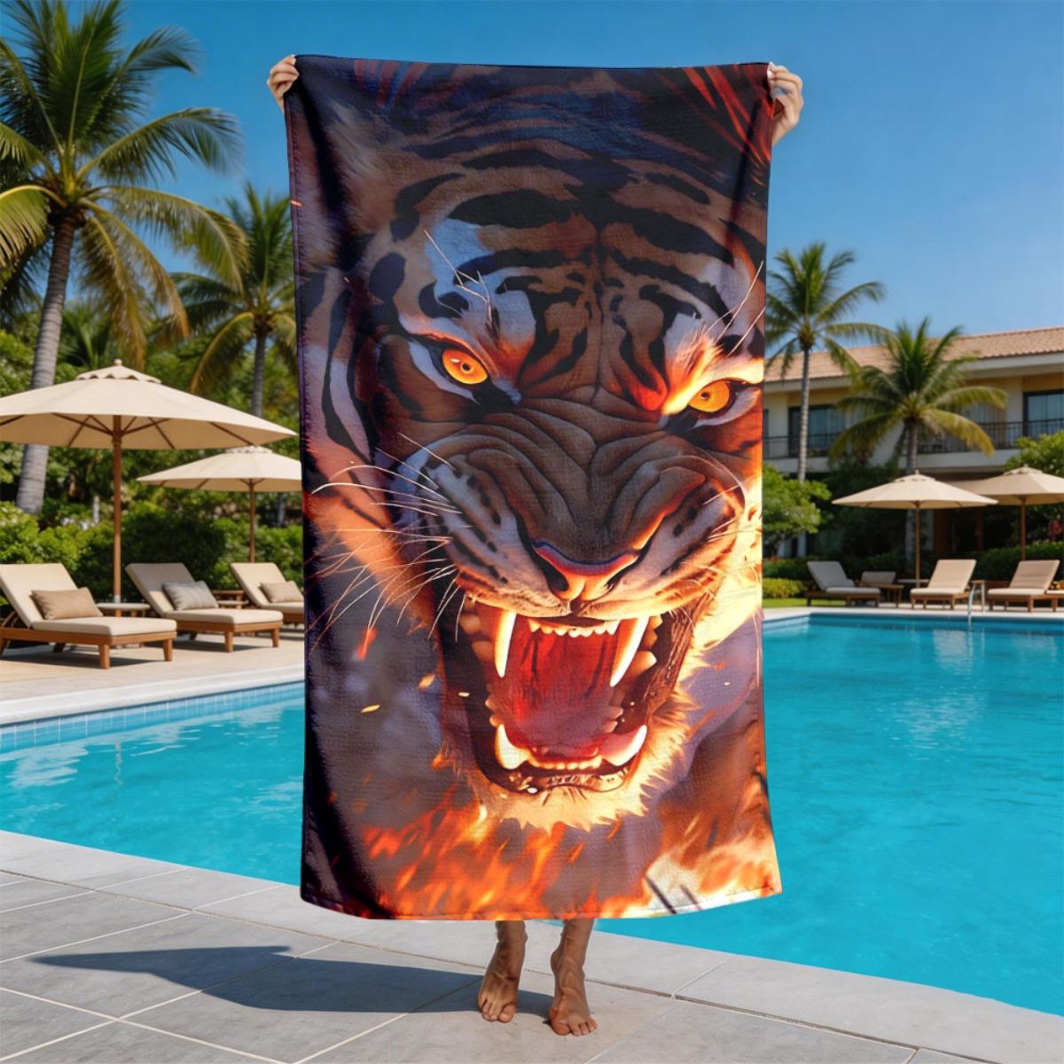 Flame roaring tiger pattern polyester microfiber beach towel is highly absorbent, suitable for swimming and beach outings W40*H60(CM)
Flame roaring tiger pattern polyester microfiber beach towel is highly absorbent, suitable for swimming and beach outings W40*H60(CM)