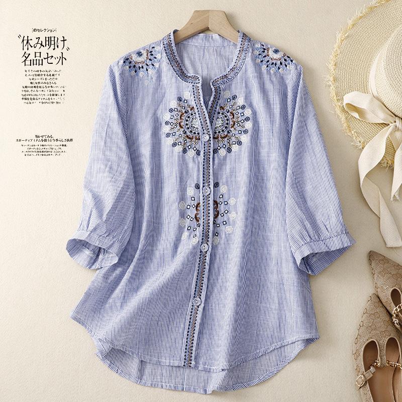 Весна Лето Женская Свободная Блузка О-Образным Вырезом Вышивка Рукав 3/4 Полосатые Рубашки На Пуговицах Винтажные Рубашки Женские Модные Топы M синий