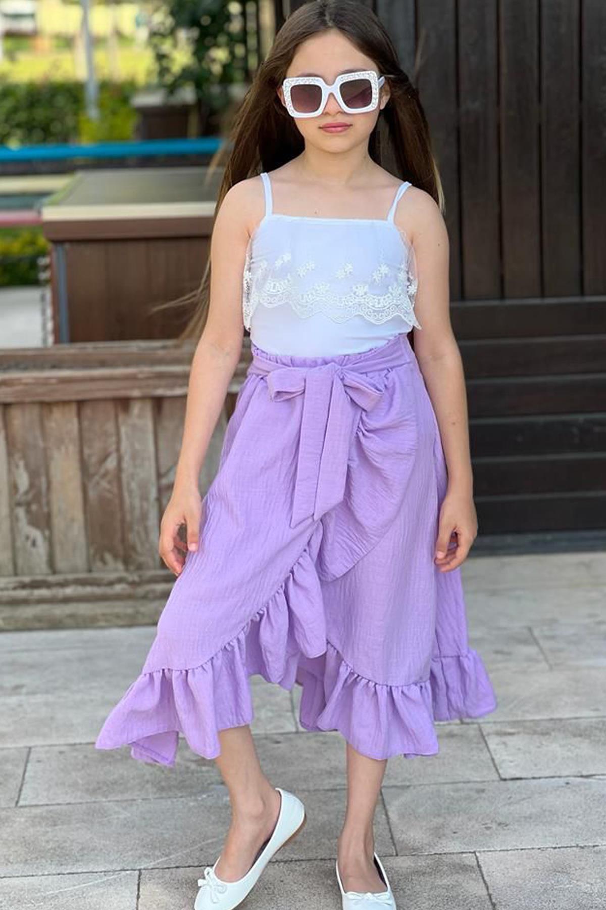 Girl s Collar Guipure Embroidered Rope Strap Blouse and Asymmetrical Cut Lilac Skirt Suit
