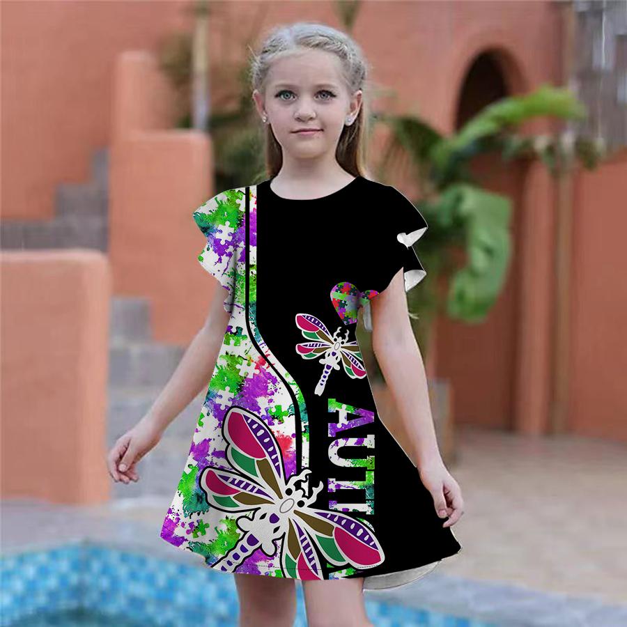 Красочные платья с принтом стрекоз для девочек. Детское праздничное платье для девочек. Свободная облегающая юбка с короткими рукавами для девочек старше четырех лет. 180 красный