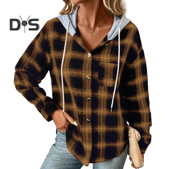 Осень-зима женское пальто с капюшоном в клетку однотонное сшитое с капюшоном на шнурке накладной карман с длинным рукавом однобортная толстовка куртка L коричневый